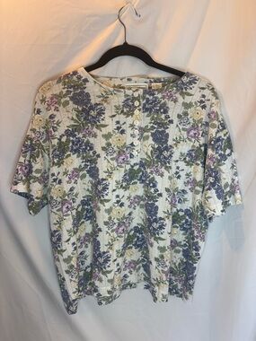 Floral Button Henley Top in Cream, Blue & Purple